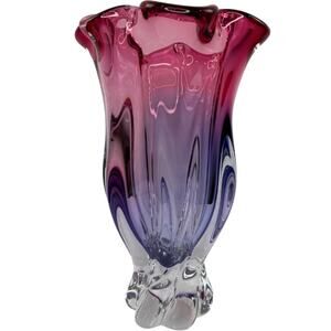 Vintage JOSEF HOSPODKA Pink Purple MCM Vase Ombre Glass Ruffled Rim CHRIBSKA